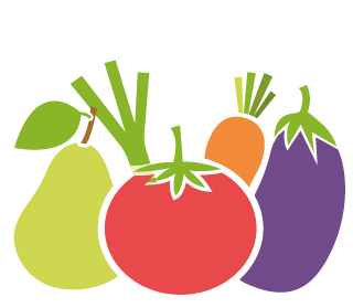 illustration de légumes et fruits : poire, poireaux, carotte et aubergine- extrait du logo Charlet Bazon - Nord Primeurs